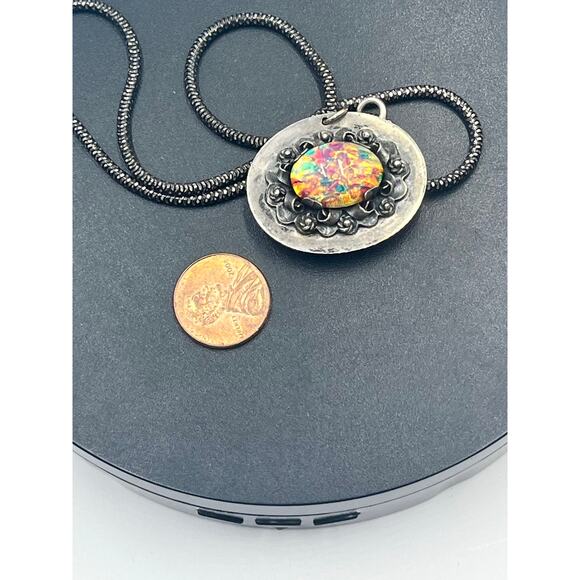 Sterling Silver Vintage Fire Opal Pendant Brooch Necklace Hecho En Mexico 22g - Picture 6 of 15